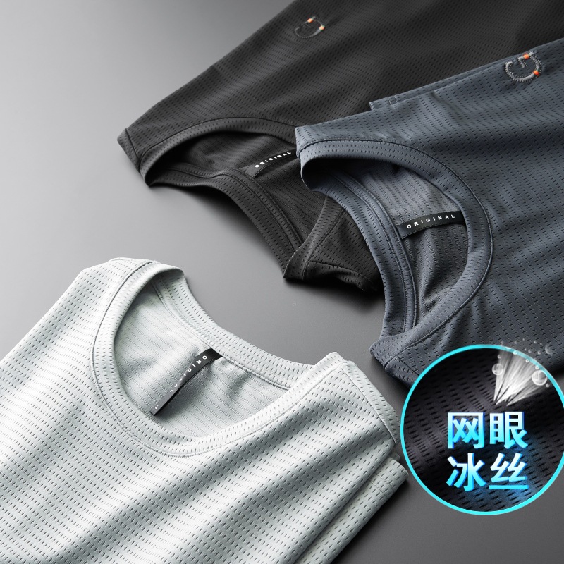 冰丝网眼男士t恤2025夏季薄款宽松大码速干透气运动休闲短袖半袖