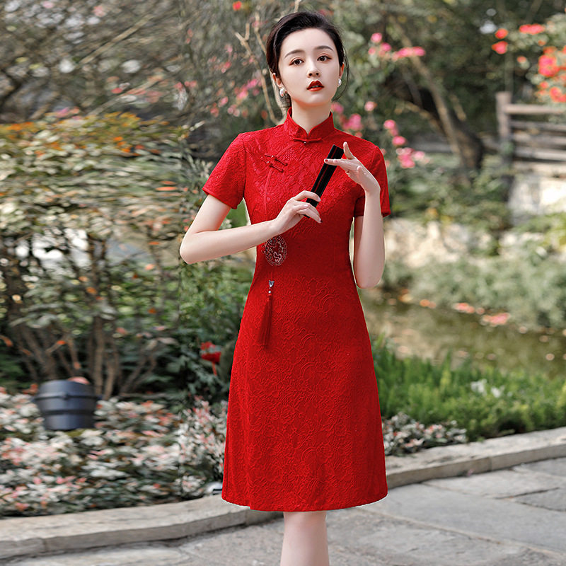 旗袍新品四色复合玫瑰图案蕾丝气质少女婚庆日常秋季年轻款连衣裙
