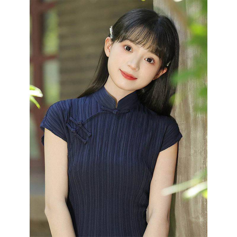 藏蓝色旗袍2026新款夏季改良版日常少女中国风民国复古连衣裙长款