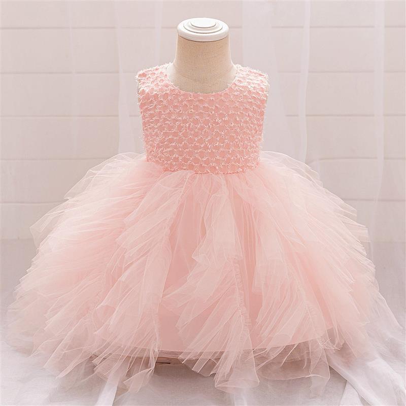 儿童礼服公主裙中小童粉色蓬蓬裙小女孩周岁生日花童婚纱礼服跨境