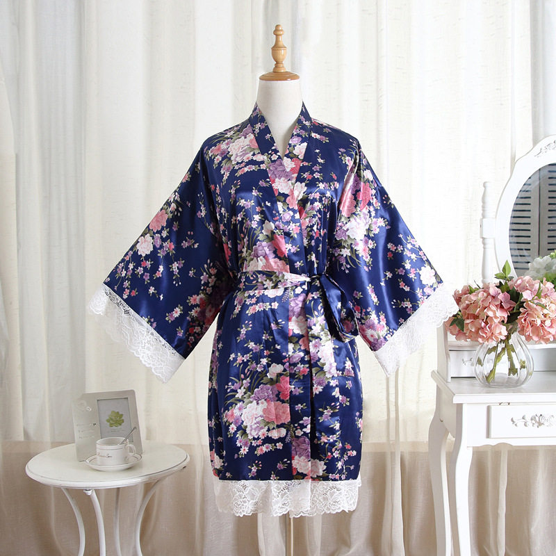 跨境春夏女外贸仿丝蕾丝花边碎花睡袍短和服浴袍开衫睡袍年轻睡衣