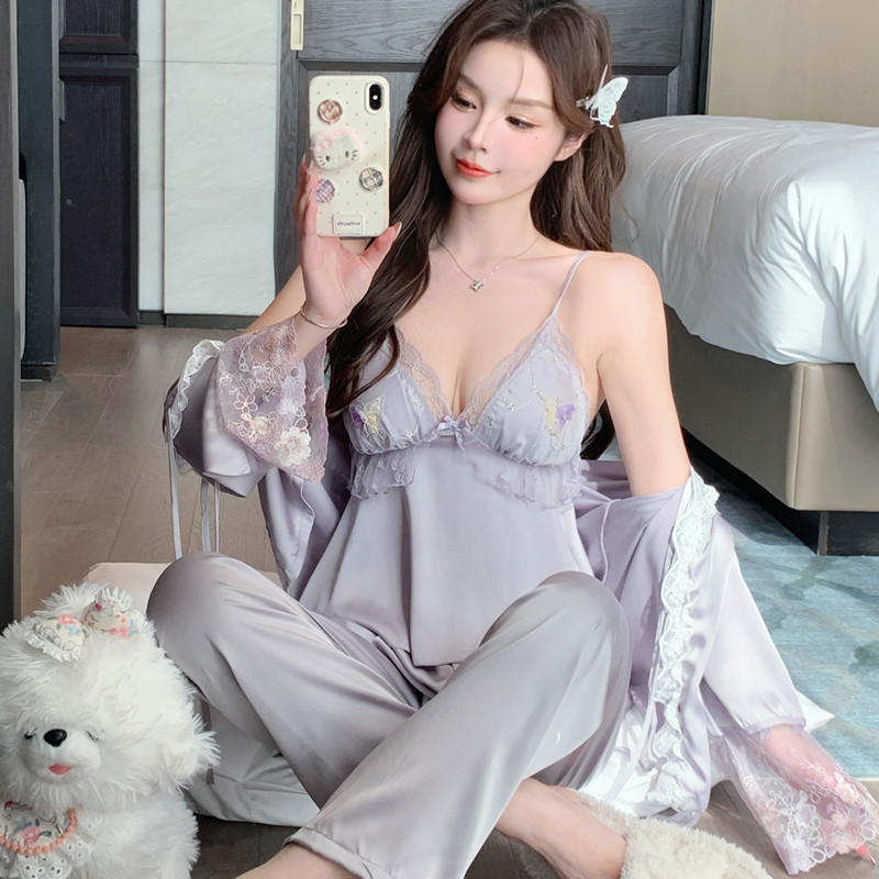 跨境冰丝吊带短裤胸睡衣四件套女性感家居服新刺绣蕾丝公主甜辣