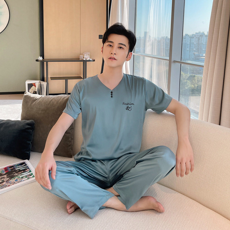 跨境春夏直播新款冰丝短袖长裤套头睡衣男冰缎面冰雪丝绸家居服男