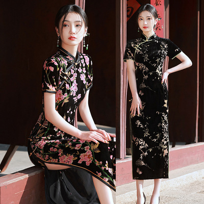 2025秋季古圣娇长款演出走秀旗袍年轻改良时尚中国风复古连衣裙女