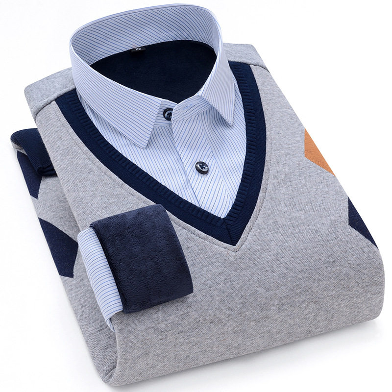 男士毛衣韩版绵毛衬衫领长袖套头衫中老年爸爸装假两件针织衫跨境
