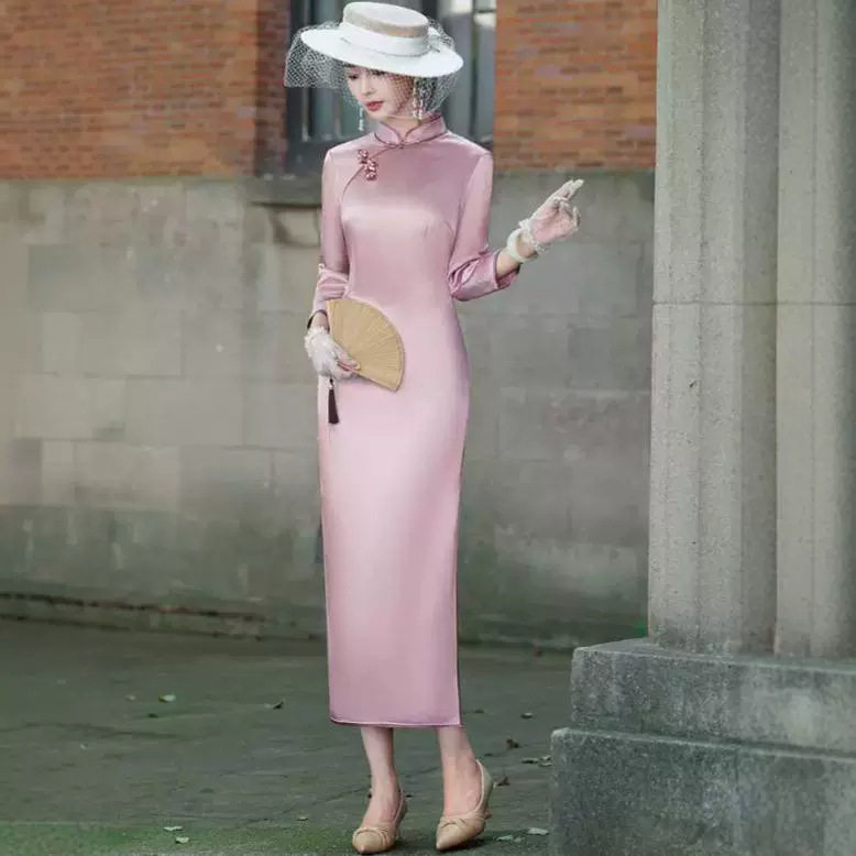 老上海高端醋酸旗袍2026新款春季长袖改良新中式国风连衣裙女长款