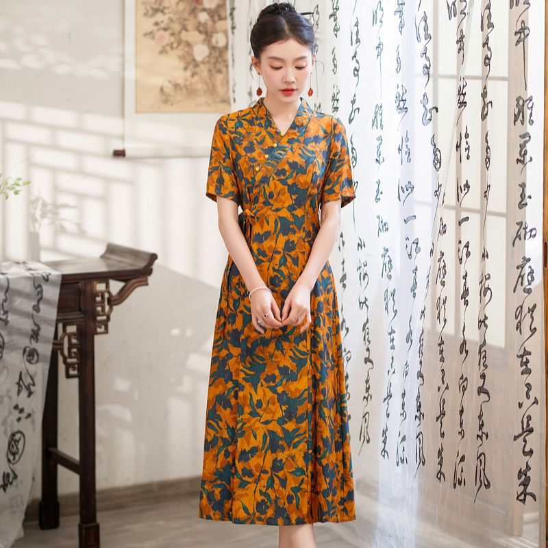 蕾丝旗袍长款优雅修身显瘦短袖礼服长裙宴会复古改良走秀连衣裙