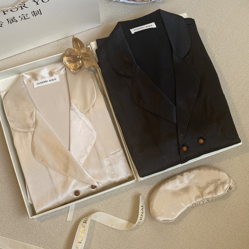 情侣睡衣女春夏季冰丝长袖开衫套装网红爆款七夕可定刺绣家居服男