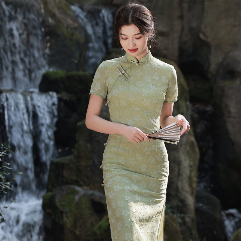 2026春夏新款雪纺改良旗袍年轻款 高端气质中长款少女绿色仙女裙