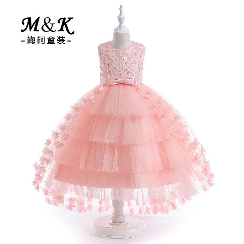 亚马逊春夏新款女童礼服拖尾花边蕾丝蓬蓬裙花童宴会表演裙跨境
