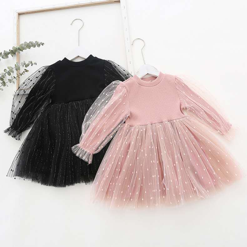 2026童装秋款新品女童连衣裙女童纱裙洋气泡泡袖针织网纱裙时海外