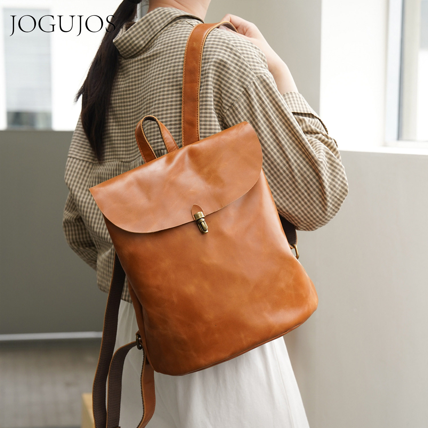 JOGUJOS复古级感背包旅行包头层牛皮真皮双肩包女包休闲包女跨境