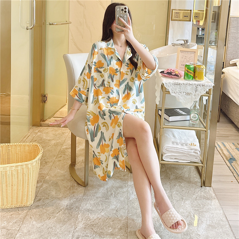 睡裙女夏季韩版印花欧美新款半袖性感棉绸睡衣女甜美女士家居服夏