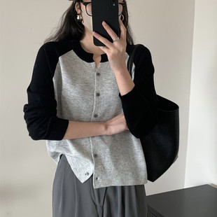 女士年轻 2025春秋装 外套韩系拼色宽松显瘦百搭薄款 长袖 毛针织开衫