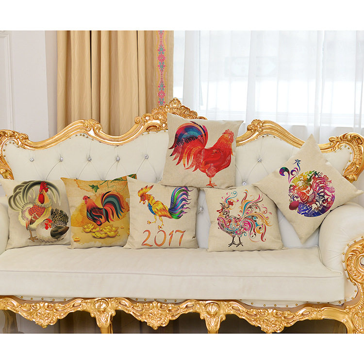 新款辛酉鸡年图案亚麻抱枕套新年春节礼品定制装饰靠家用午睡礼品