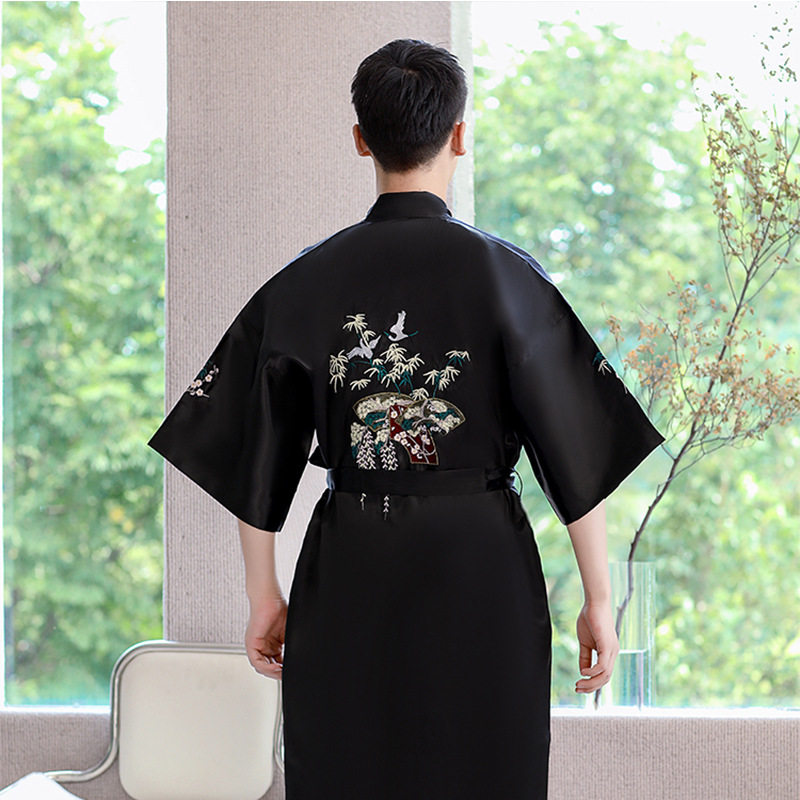 2024 AUTUMN NEW MENS PAJAMAS BATHROBES FIELD BLACK CHINESE STYLE SILK LOOSE COMFORTABLE HOTEL PLUS SIZE FOREIGN TRADE