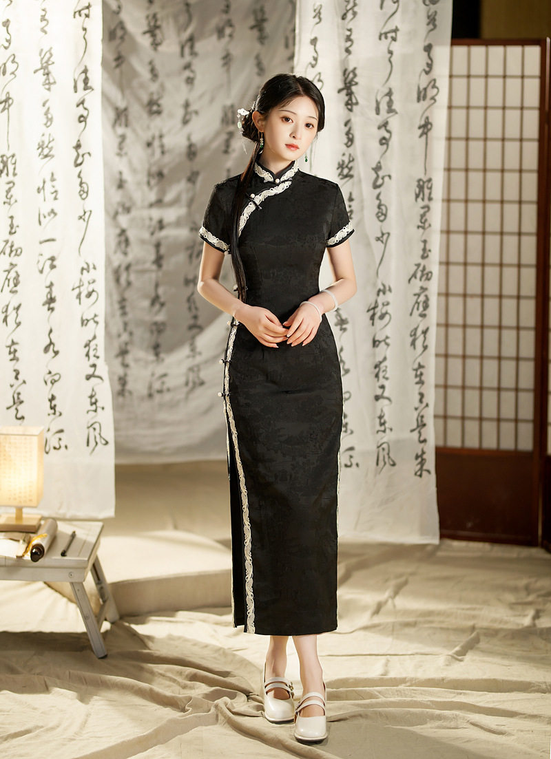 黑色旗袍2025新款夏季复古气质修身民国风连衣裙日常优雅长款礼服
