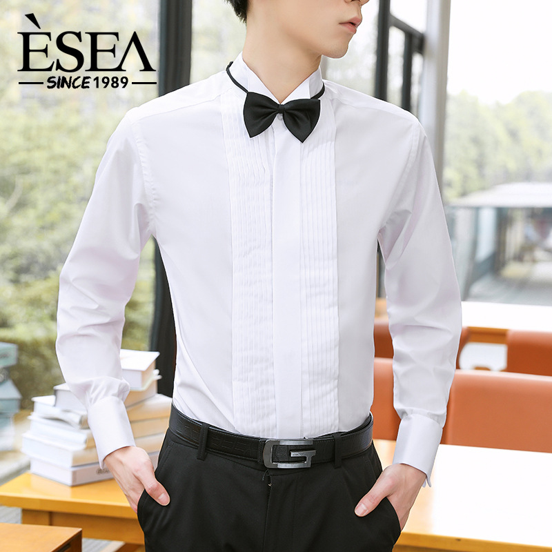 2025春礼服婚纱影楼拍摄男式长袖纯色衬衫燕子领商务衬衣司仪青年