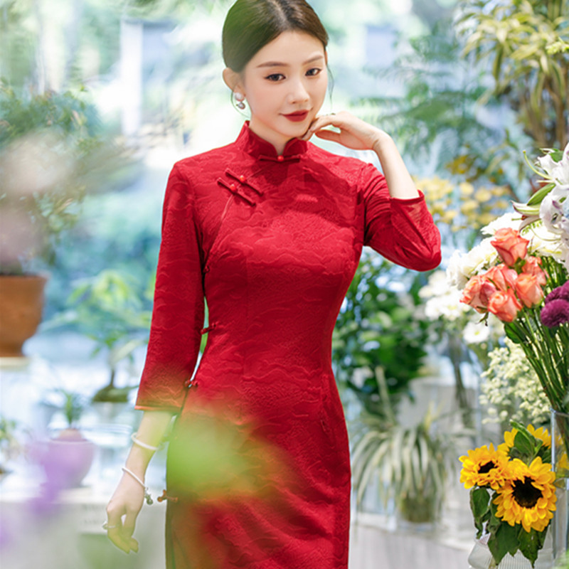 中长款长袖旗袍敬酒服新娘2026新款女订婚红色礼服高级回门连衣裙