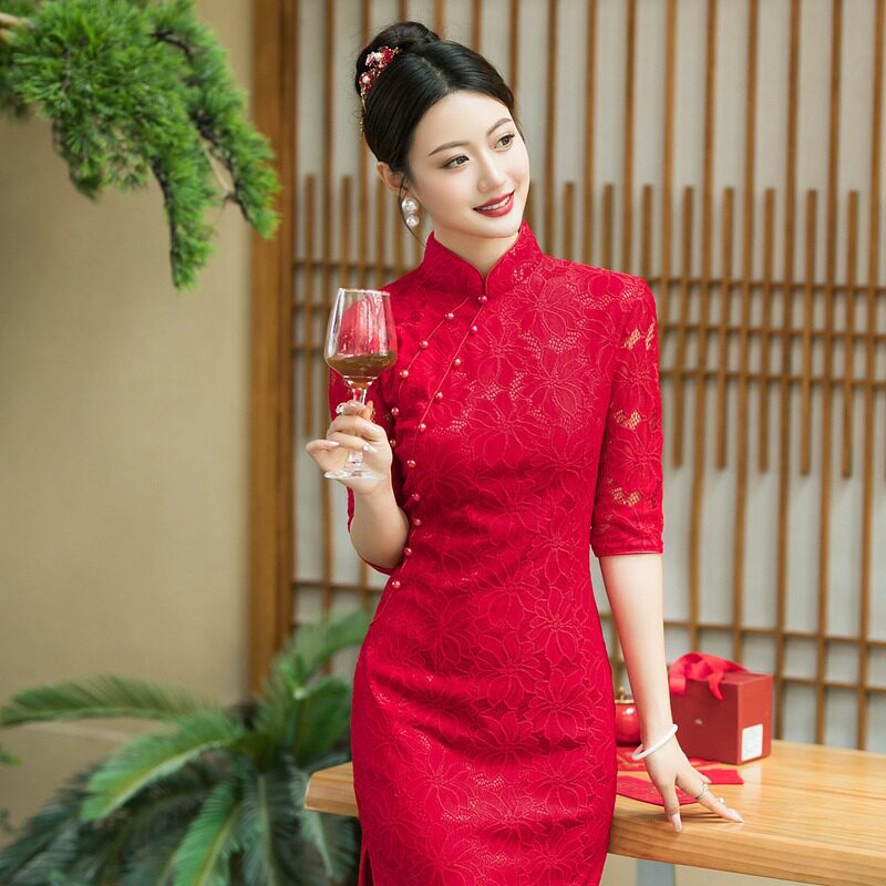 蕾丝旗袍敬酒服新娘红色中式结婚订婚礼服连衣裙女回娘家走秀旗袍