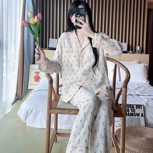 简约双层棉纱长袖长裤睡衣套装秋季女款2026新款纯棉家居服春秋天