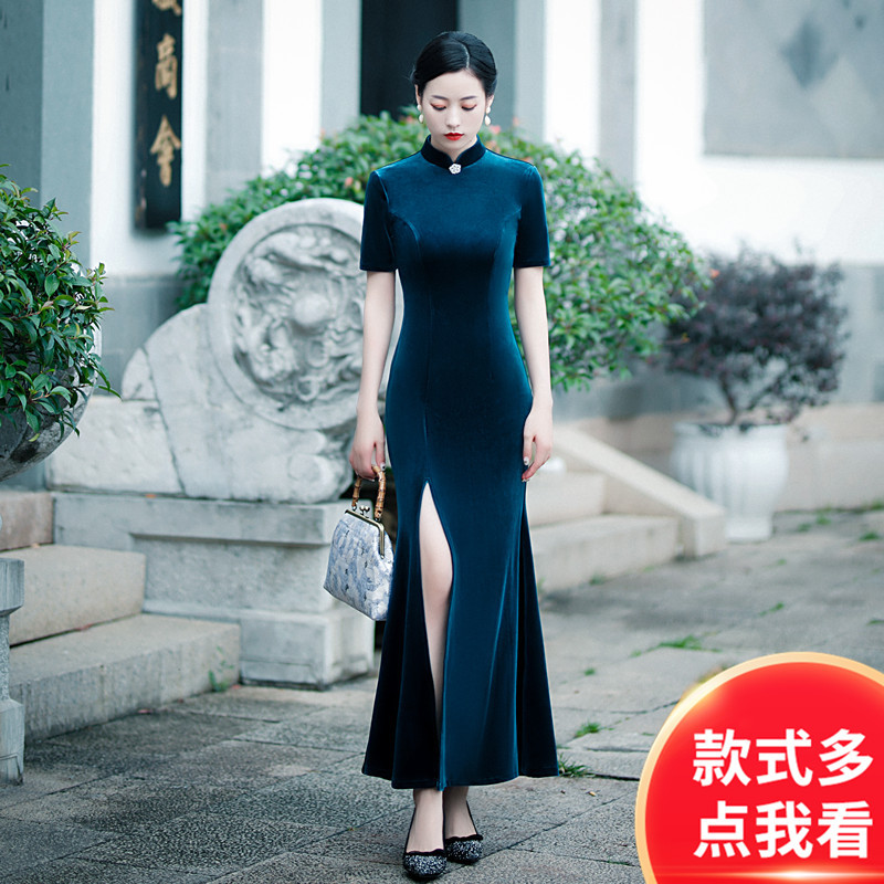 表演走秀加长版衣长140丝绒长款鱼尾旗袍2026春秋新款连衣裙礼服