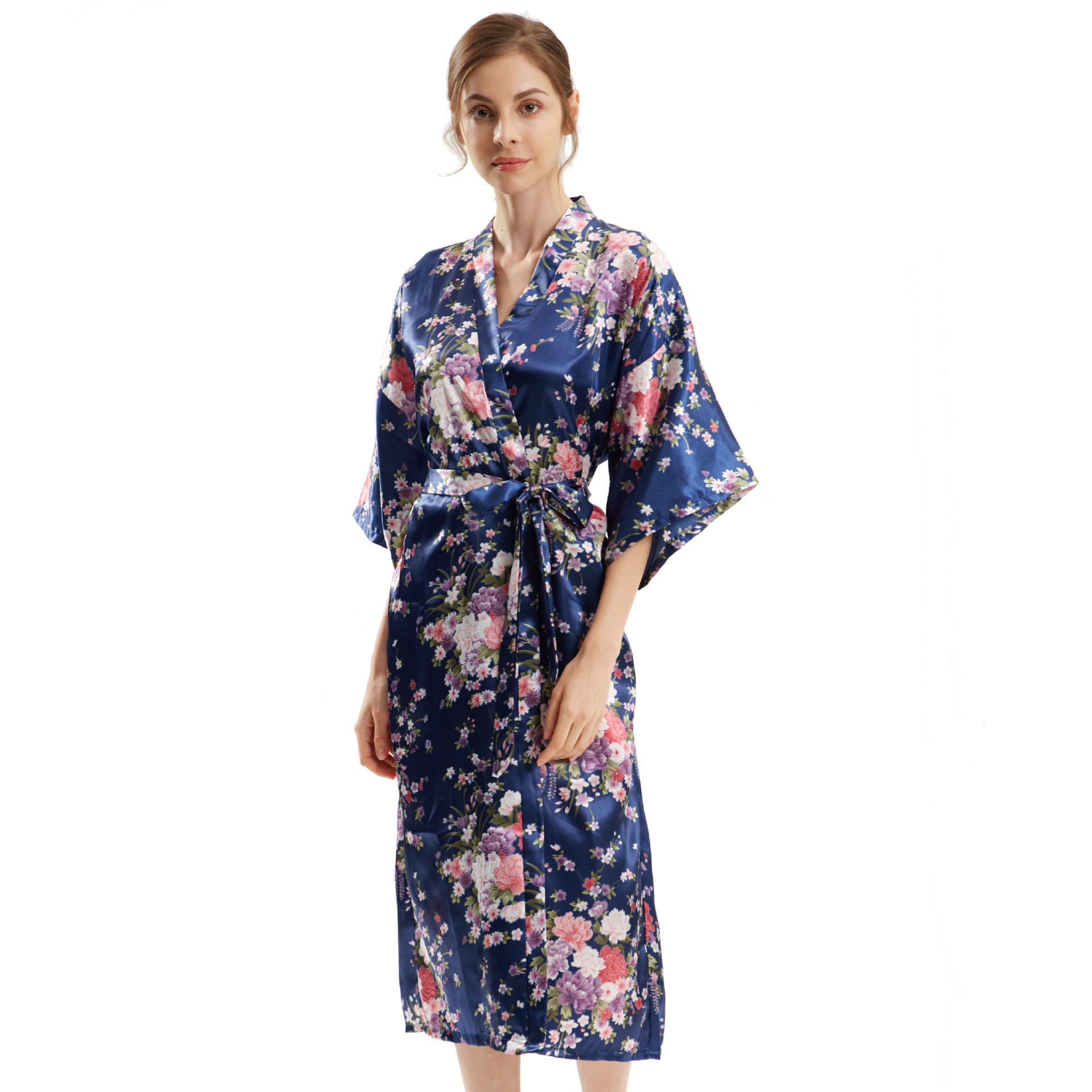 跨境夏秋季中袖长款仿丝绸睡袍长款碎花外贸薄款单件和服开衫海外