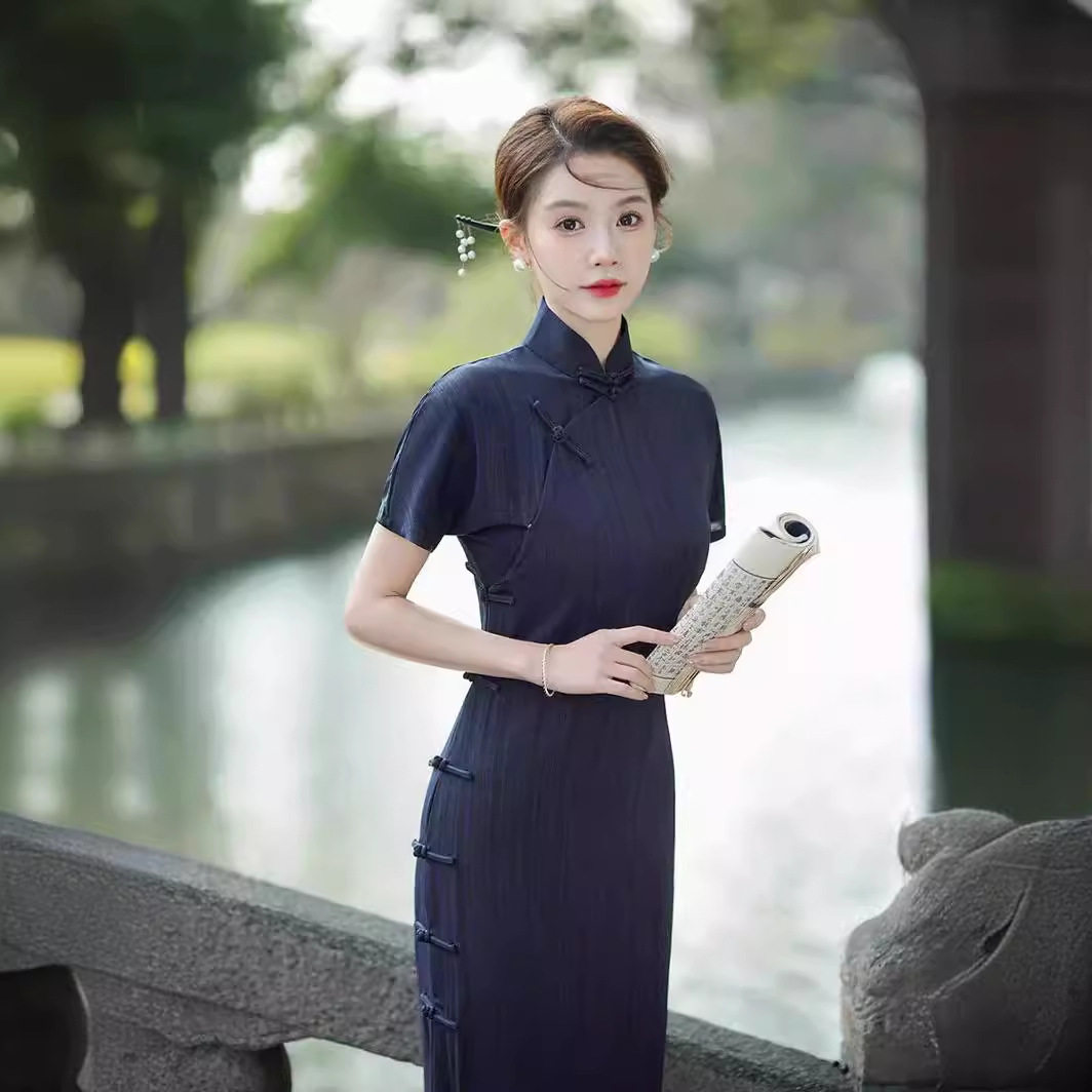 2026新款轻奢棉麻旗袍中长款女夏装条纹改良连衣裙复古国风