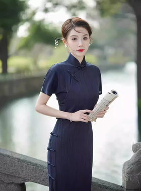 2026新款轻奢棉麻旗袍中长款女夏装条纹改良连衣裙复古国风