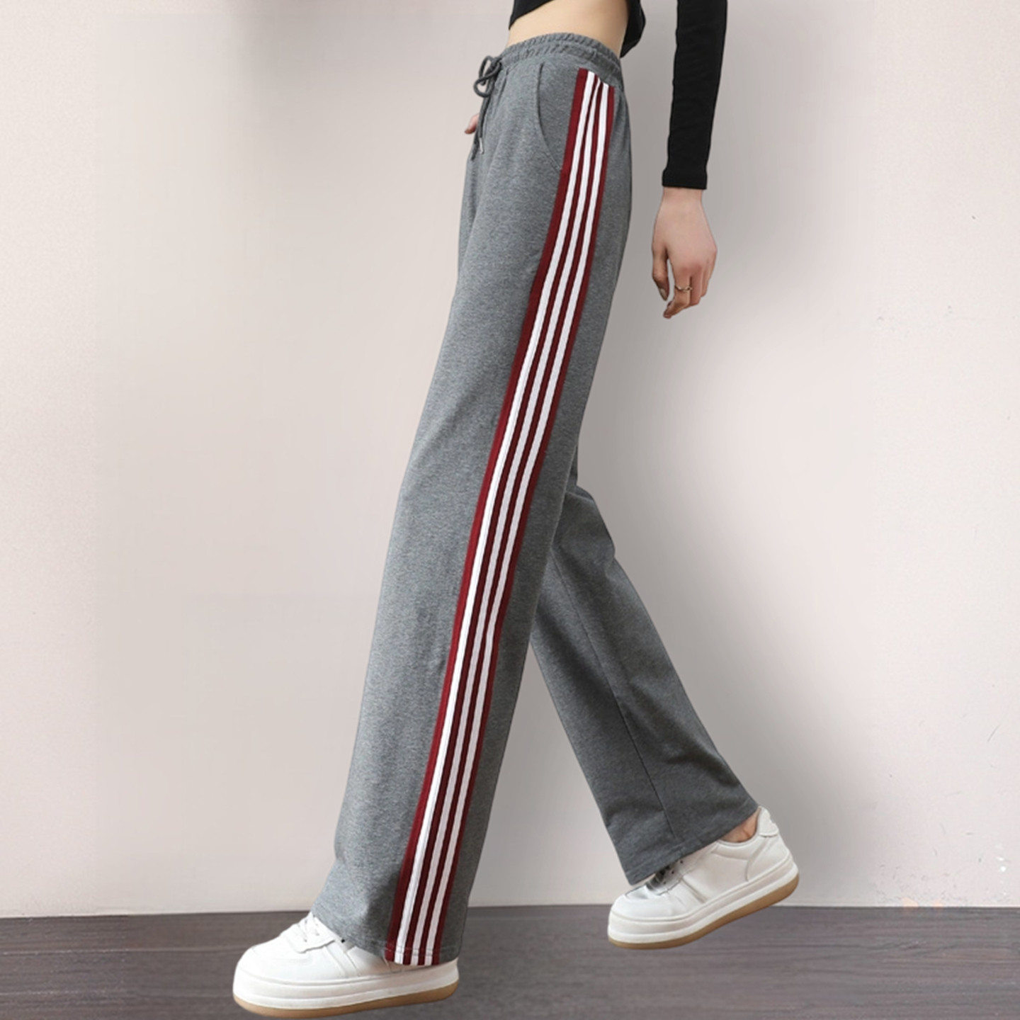 纯棉窄版阔腿裤女士直筒运动裤女学生春秋冬季加绒三杠休闲卫裤子