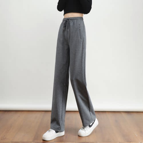 口袋拉链直筒休闲女裤纯棉运动裤