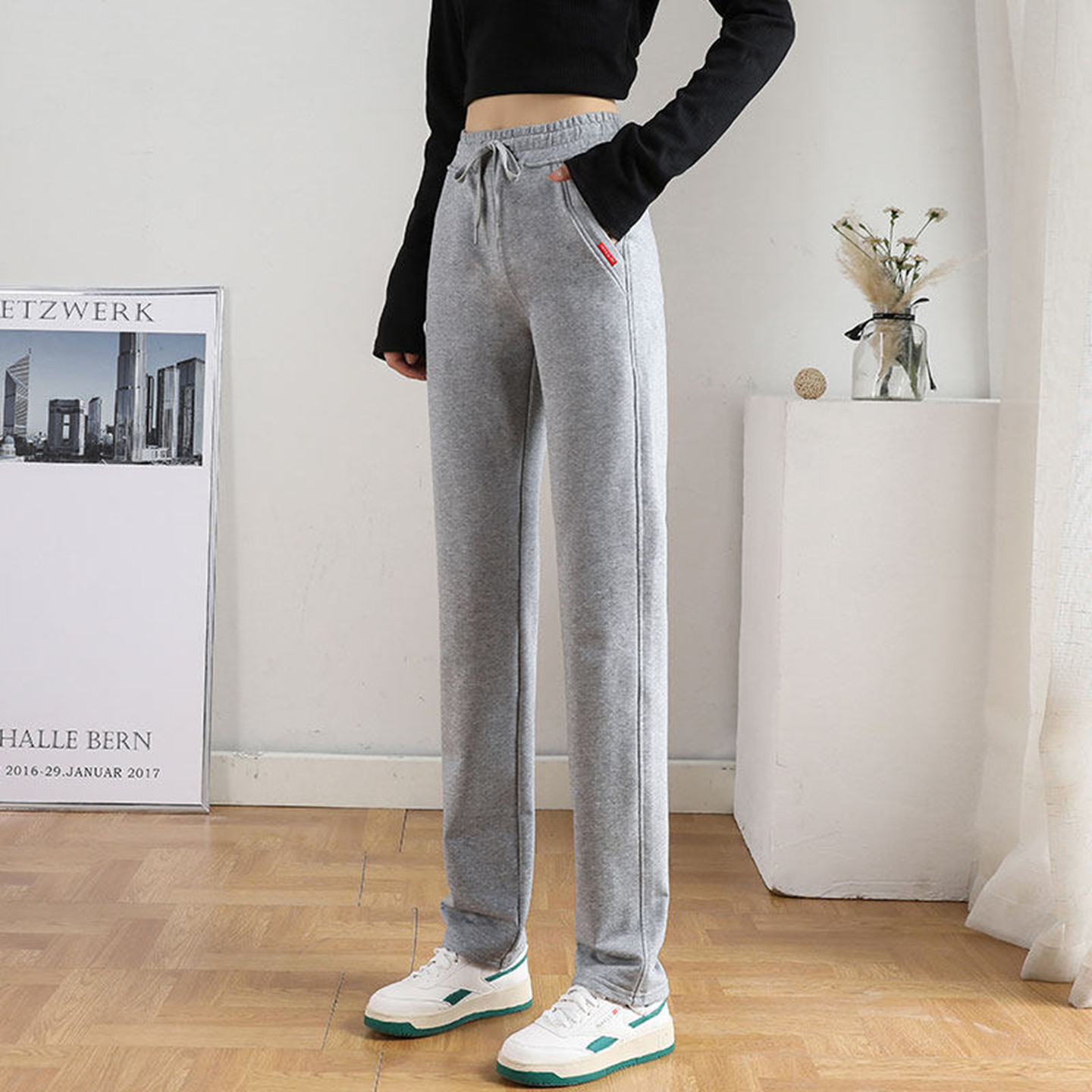 口袋拉链小直筒运动裤女士裤子春秋夏季薄新款显瘦休闲裤纯棉卫裤