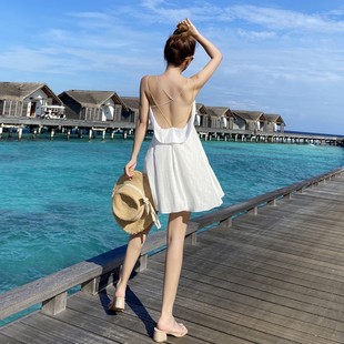 超仙露背裙女夏度假裙海邊沙灘裙吊帶小白裙 白色小個子連衣裙短款