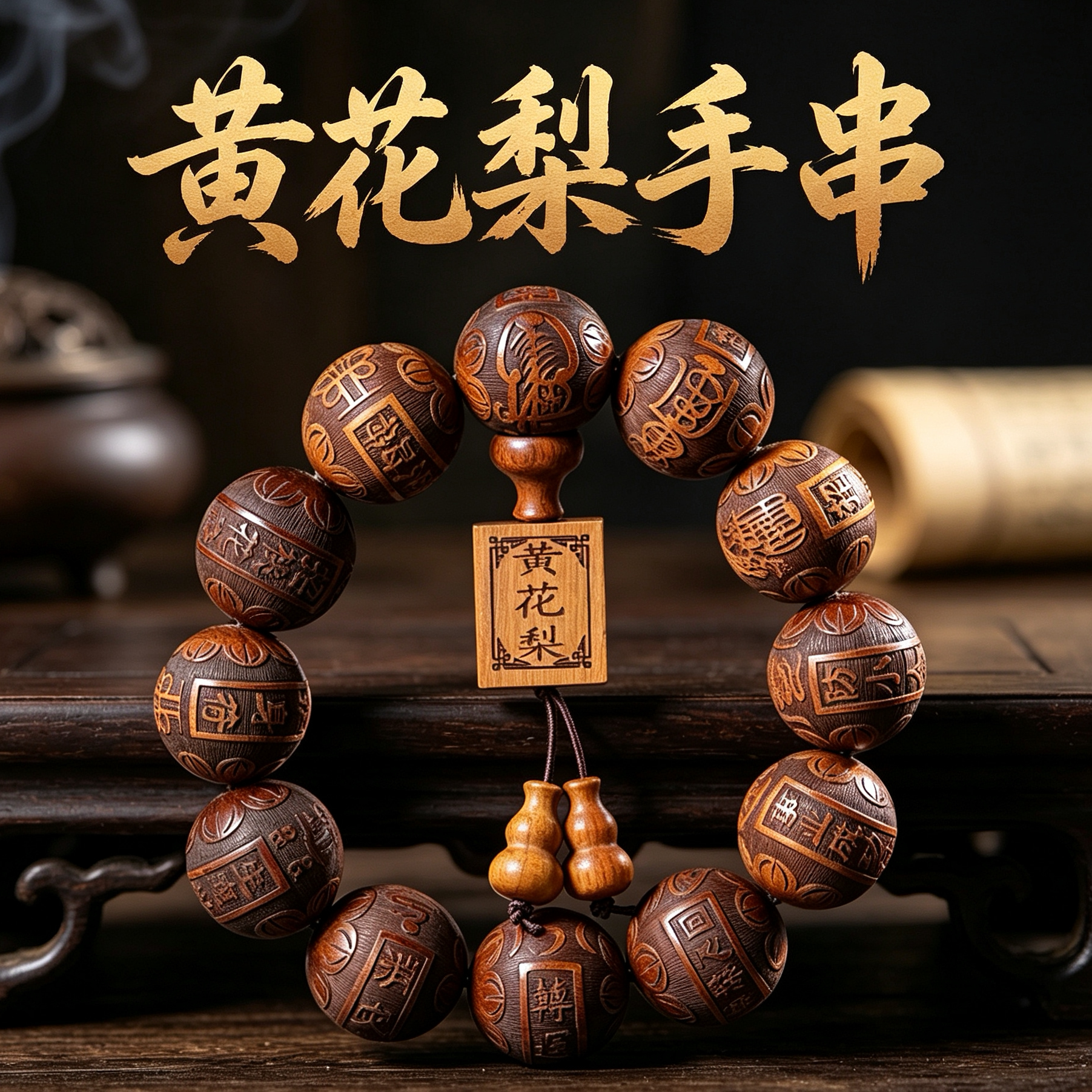 黄花梨手串天然檀香手持算盘手链手串单圈手作文玩高端珠佛珠念珠