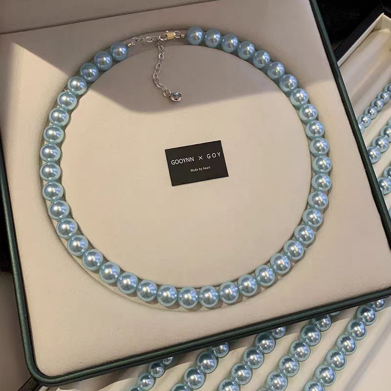 蓝色高端小米珠珍珠项链