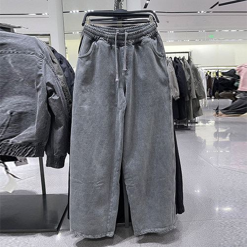 za obasov男装2025秋冬新款休闲宽腿长裤松紧腰水洗休闲裤3443414