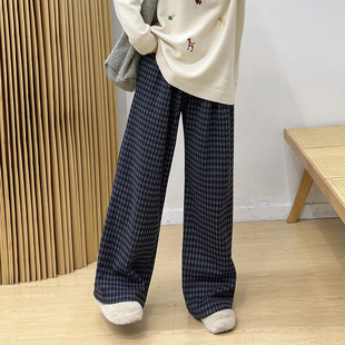 加绒胖mm显瘦宽松慵懒垂感直筒阔腿裤 冬季 黑色格子休闲裤 宛宛大码