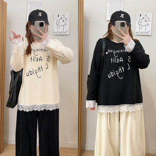 T恤德绒打底衫 宛宛大码 胖mm宽松百搭蕾丝拼接长袖 秋冬新款 女 女装