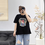 韩版 新款 大码 2023夏季 女士休闲上衣胖MM宽松卡通女孩印花短袖 T恤