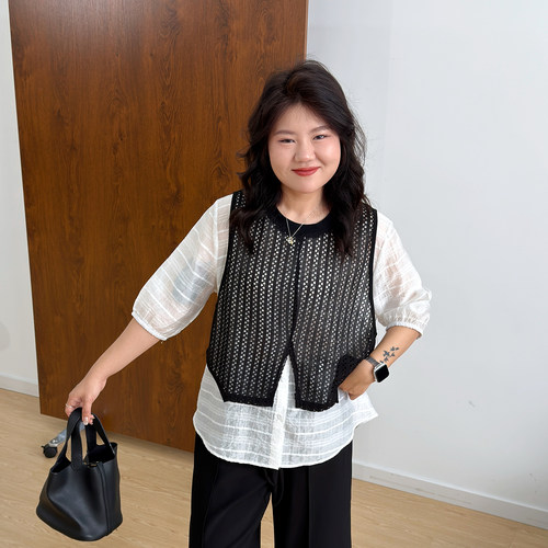 宛宛大码女装假两件网纱拼接马甲胖MM衬衫显瘦遮肉高级感减龄上衣