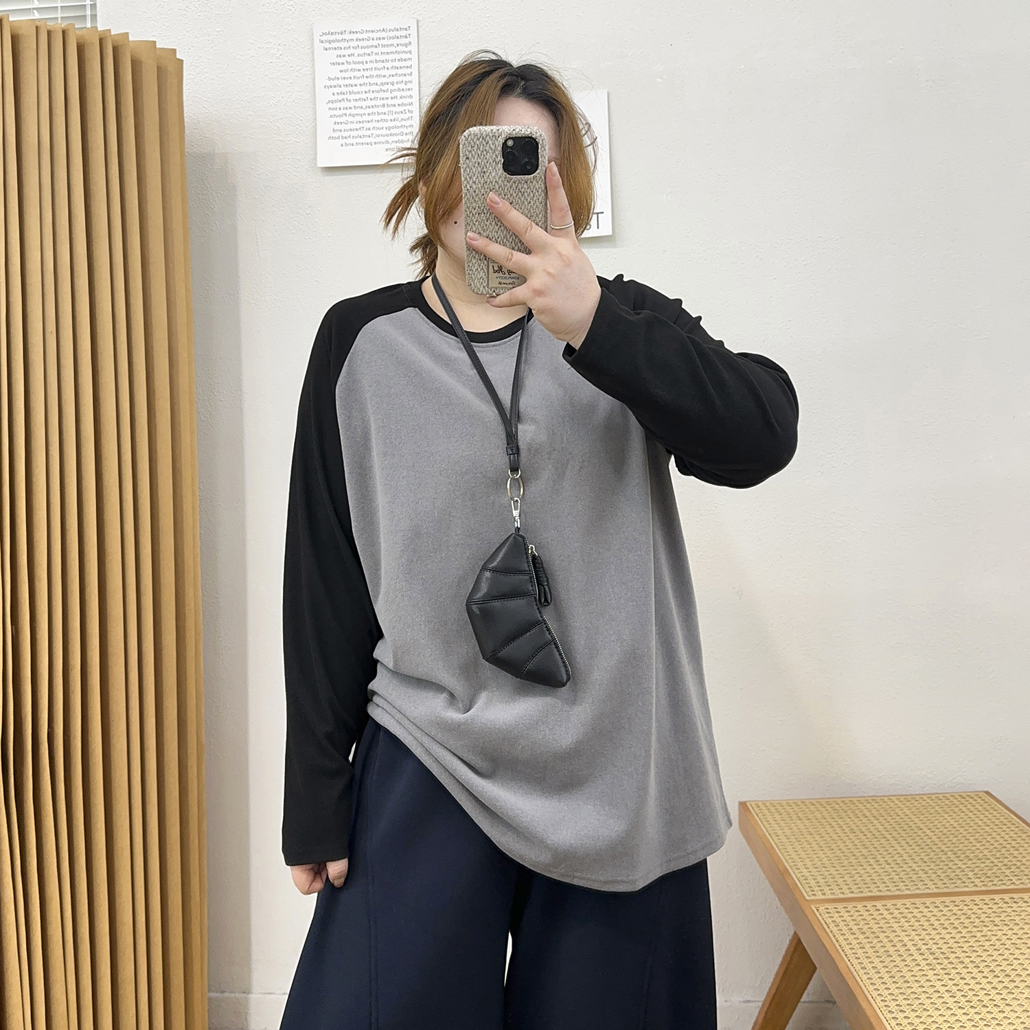 德绒撞色插肩袖长袖T恤