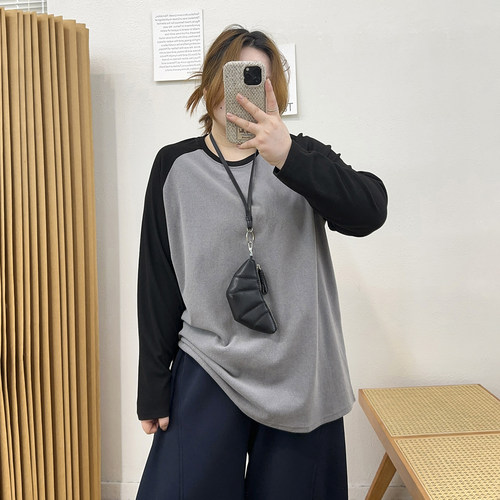 德绒撞色插肩袖长袖T恤