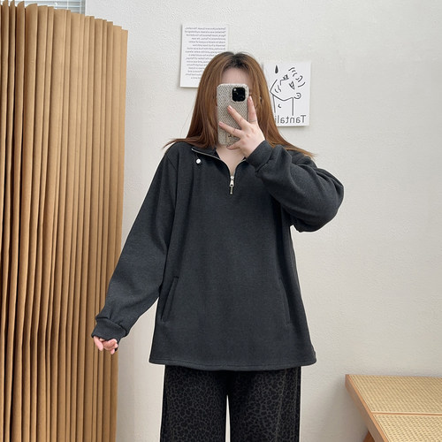 宛宛大码胖mm200斤秋冬高级感洋气半拉链连帽加绒保暖卫衣女上衣