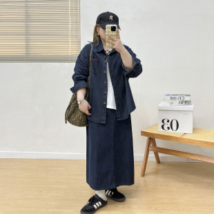 穿搭胖mm显瘦牛仔外套港风A字直筒半身裙套装 新款 女秋季 宛宛大码