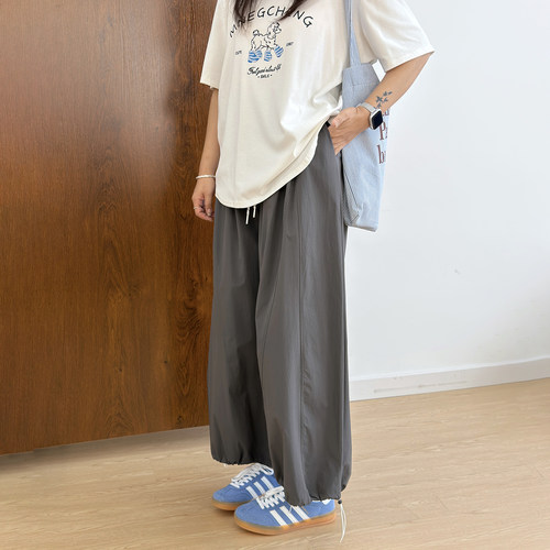 宛宛大码女装胖MM夏季新款松弛梨型身材休闲裤直筒宽松抽绳速干裤