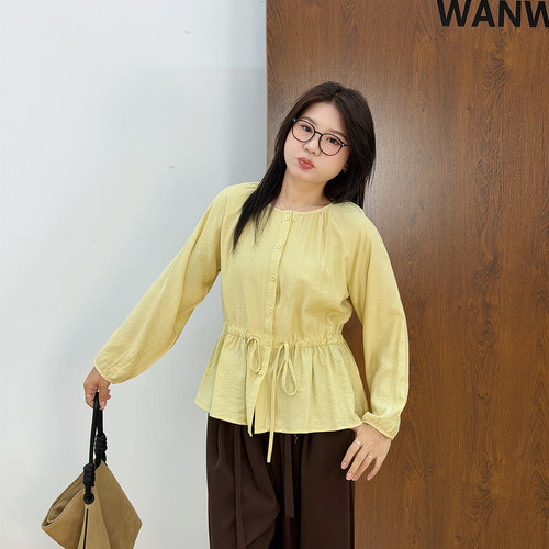 宛宛大码女装微胖mm显瘦春秋时尚设计感收腰法式长袖T恤上衣衬衫