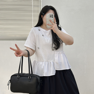 新款 宛宛大码 t恤女2025夏季 法式 胖mm显瘦不规则上衣 重工钉珠短袖