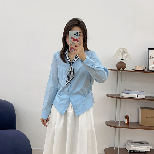 宛宛大码胖MM复古高智风白色长袖衬衫女早春季百搭收腰设计感上衣