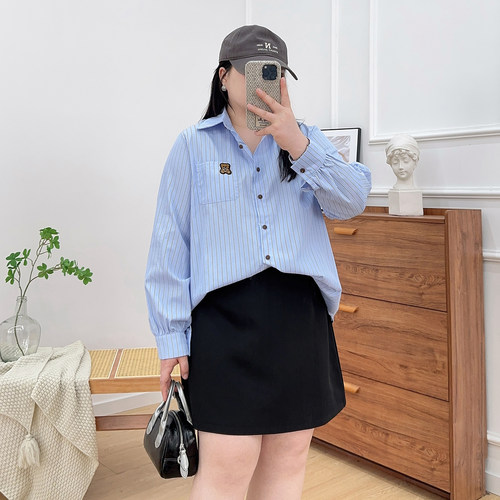 大码胖mm条纹衬衫女设计感小众叠穿衬衣女春夏季新款长袖百搭上衣