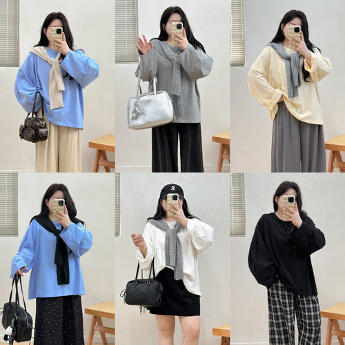 宛宛大码慵懒风圆领灰色正肩长袖T恤女秋季胖mm中长款打底衫上衣